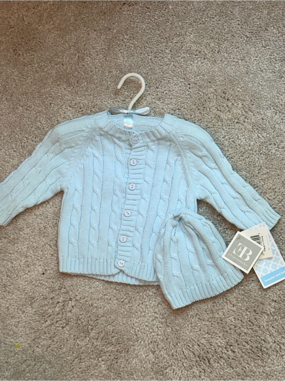 NWT Baby Blue Cable Knit Cardigan & Hat Set 6m